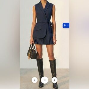 Commense Belted Pleated Sleeveless Blazer Dress